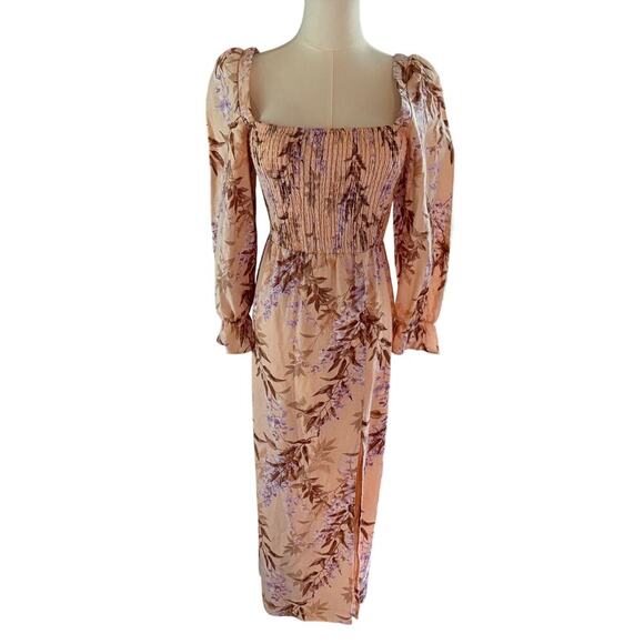 House of Harlow Puff Sleeve Midi Dress Small Palm Floral Cottagecore Feminine S - Picture 1 of 9